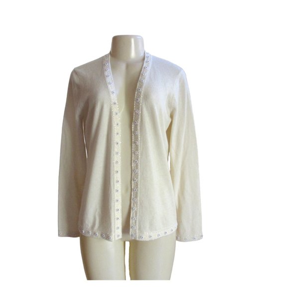 New, Charter Club Open 2 Ply Cashmere Cardigan w Faux Pearls & Rhinestones, M - Picture 2 of 9